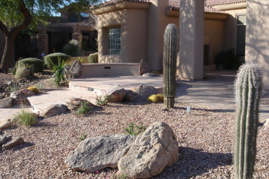 Modelo de camino de jardín moderno de tamaño medio en verano en patio delantero con exposición total al sol y adoquines de piedra natural