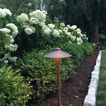 Landscape Lighting among the hydrangea + boxwood
