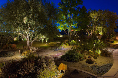 Großer, Halbschattiger Uriger Garten im Sommer mit Betonboden in San Diego