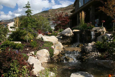 Aménagement d'un jardin arrière de taille moyenne avec un point d'eau, une exposition ensoleillée et des pavés en pierre naturelle.