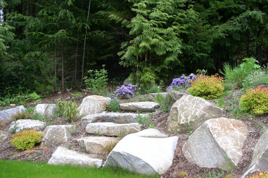 Modelo de camino de jardín minimalista de tamaño medio en patio trasero con exposición total al sol y adoquines de piedra natural