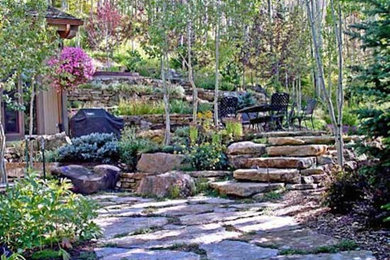 Imagen de jardín grande en patio trasero con adoquines de piedra natural