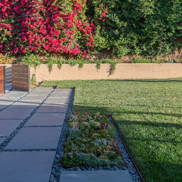 Large concrete pavers with lawn and custom succulent feature
