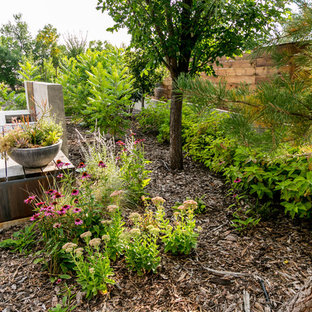 Mittelgroßer Moderner Garten neben dem Haus mit Kamin in Calgary