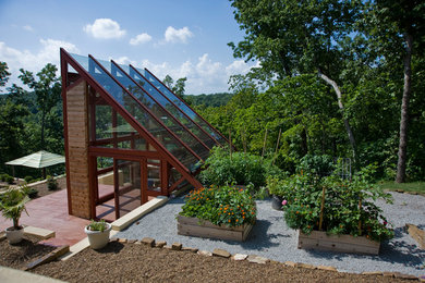 Inspiration för en stor funkis takterrass i full sol, med en köksträdgård och naturstensplattor