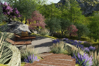 Design ideas for a large modern drought-tolerant and full sun backyard retaining wall landscape in San Francisco with decking for spring.