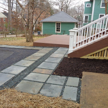 low level deck, landing and stone walkway