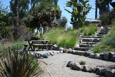 サンディエゴにある広いおしゃれな庭 (日向、傾斜地、真砂土舗装) の写真