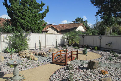 Design ideas for a large southwestern drought-tolerant and full sun backyard gravel landscaping in San Diego.