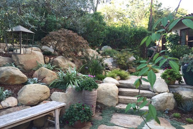 Design ideas for a medium sized eclectic back garden in Santa Barbara with a water feature and natural stone paving.