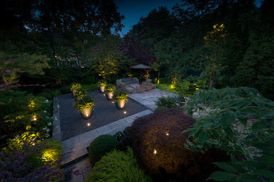 Design ideas for a transitional backyard formal garden in Toronto.