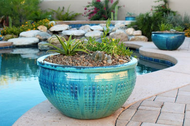 Imagen de jardín de secano de estilo americano de tamaño medio en verano con jardín de macetas, exposición parcial al sol y adoquines de ladrillo