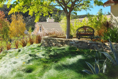 Imagen de jardín rústico de tamaño medio en primavera en patio trasero con muro de contención, exposición reducida al sol, jardín francés y adoquines de piedra natural