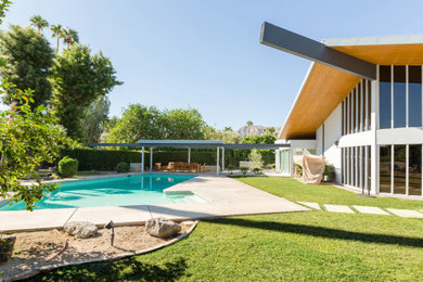 Inspiration for a large mid-century modern partial sun backyard landscaping in Other for winter.