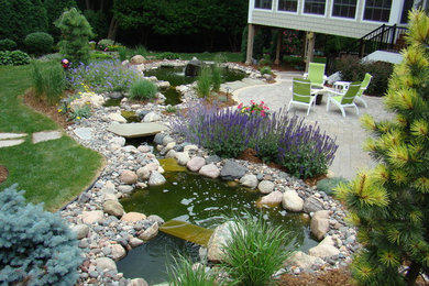 Minnesot backyard, perennials, water feature, fire pit.