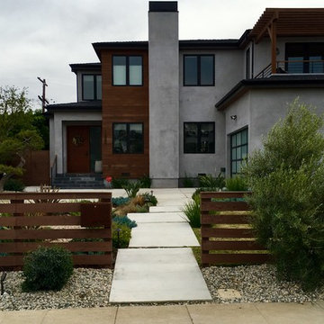 Modern Fenced Entry with Gravel, Succulents and Rain Garden