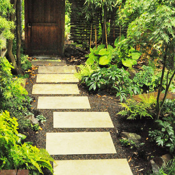 Modern Paver Path + Ipe Hardwood Deck, skirting intergrated Rain Garden
