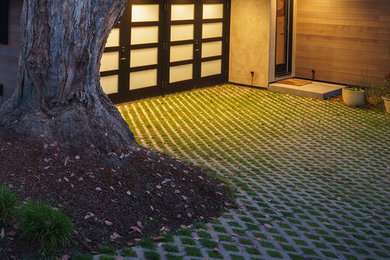 Photo of a large mid-century modern front yard concrete paver driveway in San Francisco.