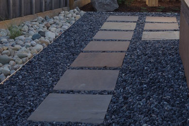Modelo de camino de jardín moderno de tamaño medio en patio lateral con exposición reducida al sol y adoquines de piedra natural