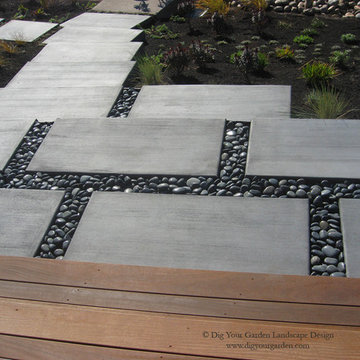 Modern Water-Side Landscape - Deck and Concrete Pavers with Polished Pebbles -No