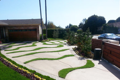 Large modern front driveway full sun garden for summer in Los Angeles with a garden path and concrete paving.