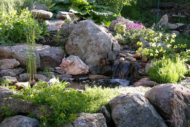 This is an example of a mid-sized traditional partial sun backyard water fountain landscape in Denver for summer.