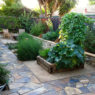 Immagine di un piccolo giardino design esposto a mezz'ombra dietro casa con un focolare e pavimentazioni in pietra naturale