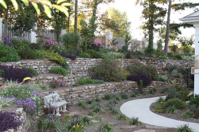 Design ideas for a mid-sized traditional full sun backyard brick retaining wall landscape in Other for summer.
