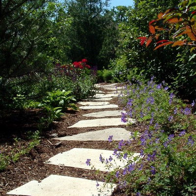 This is an example of a large traditional side yard stone garden path in Chicago.