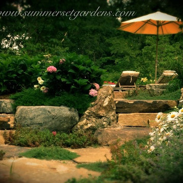 Natural Stone Steps, Rustic Patio & Perennials