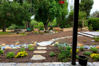 Imagen de jardín de secano mediterráneo en patio trasero con adoquines de piedra natural