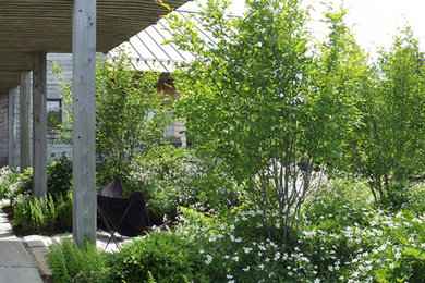 На фото: большой участок и сад на боковом дворе в современном стиле с полуденной тенью и покрытием из каменной брусчатки