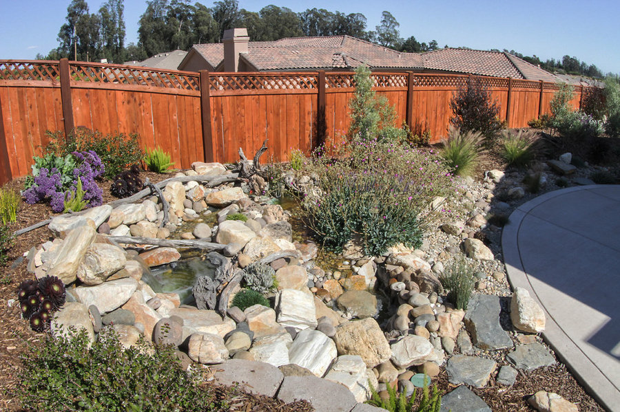 Nester customized D Plan - Rear yard natural stone waterfall, creek,redwood latt