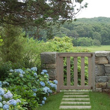 Garden gate, hydrangeas