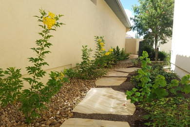 Foto di un giardino formale design esposto in pieno sole di medie dimensioni e dietro casa in estate con un ingresso o sentiero e pavimentazioni in pietra naturale