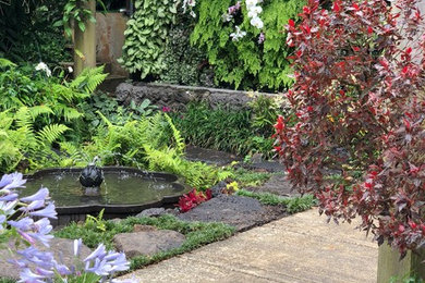 This is an example of a medium sized world-inspired back full sun garden in Hawaii with a water feature.