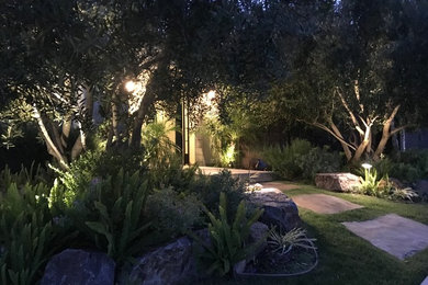 Imagen de camino de jardín clásico de tamaño medio en patio delantero con exposición parcial al sol y adoquines de piedra natural