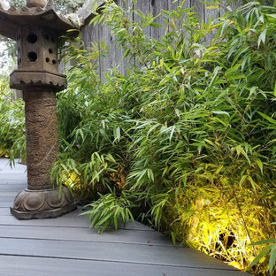 Inspiration for a small asian drought-tolerant and partial sun side yard water fountain landscape in Denver with decking for summer.