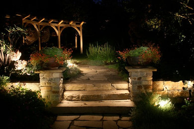 Imagen de camino de jardín clásico de tamaño medio en patio trasero con adoquines de piedra natural