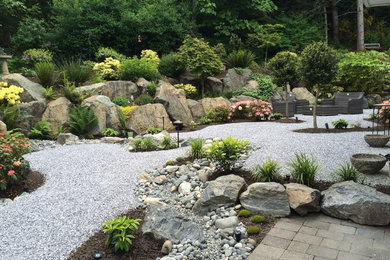 Design ideas for a mid-sized contemporary drought-tolerant and full sun backyard gravel landscaping in Vancouver.