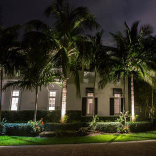 Ispirazione per un ampio vialetto d'ingresso tropicale esposto in pieno sole davanti casa in estate con un ingresso o sentiero e pavimentazioni in mattoni