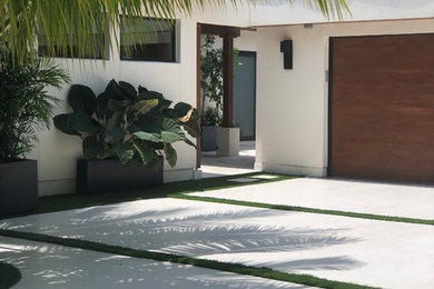 Ejemplo de acceso privado minimalista con exposición parcial al sol y adoquines de hormigón