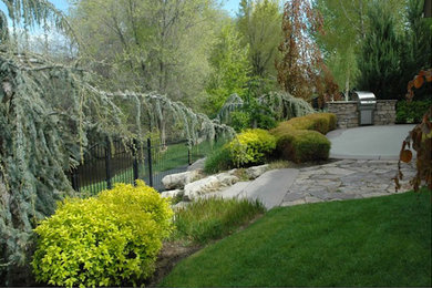 Design ideas for a medium sized traditional back full sun garden for spring in Boise with natural stone paving.