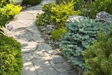 Photo of a large asian partial sun front yard stone garden path in Boston.