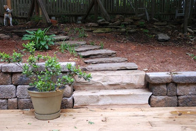 Inspiration for a mid-sized drought-tolerant backyard stone garden path in Other.