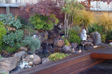 Modelo de jardín clásico renovado de tamaño medio en patio trasero con estanque, exposición total al sol y adoquines de piedra natural