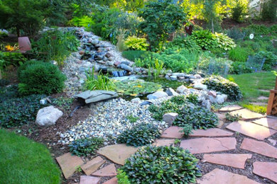 Diseño de jardín tradicional de tamaño medio en primavera en patio trasero con jardín francés, estanque, exposición parcial al sol y adoquines de piedra natural