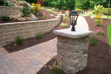 Inspiration for a large partial sun backyard brick garden path in Columbus.