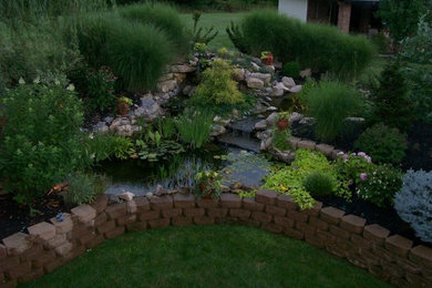 Ejemplo de jardín de tamaño medio en patio trasero con fuente