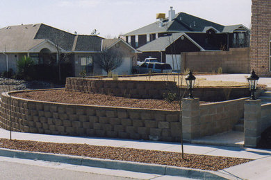 Modelo de jardín de tamaño medio en patio delantero con muro de contención, exposición total al sol y adoquines de piedra natural